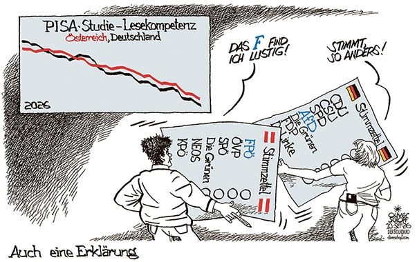 Oliver Schopf, politischer Karikaturist aus Österreich, politische Karikaturen aus Österreich, Karikatur Cartoon Illustrationen Politik Politiker Österreich Cartoon Movement, @oliverschopf.bsky.social 2026: PISA STUDIE LESEPOMPETENZ SINNERFASSENDES LESEN WAHLEN WÄHLER WAHLZETTEL STIMMZETTEL FPÖ AfD BLAU BUCHSTABE F

















































