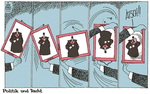 Oliver Schopf, politischer Karikaturist aus Österreich, politische Karikaturen aus Österreich, Karikatur Cartoon Illustrationen Politik Politiker Österreich 2021: JUSTIZ WKStA POLITIK RECHT BEEINFLUSSUNG AUFRECHT BILD GALERIE RAHMEN SCHIEF SCHRÄG GÄNGELN 
