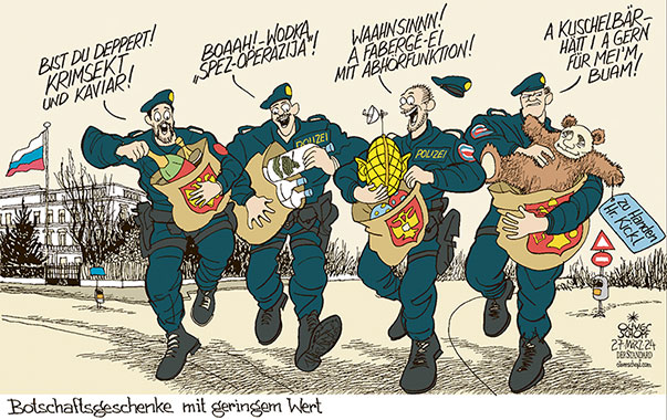 Oliver Schopf, politischer Karikaturist aus Österreich, politische Karikaturen aus Österreich, Karikatur Cartoon Illustrationen Politik Politiker Österreich 2024: RUSSISCHE BOTSCHAFT WIEN REISNERSTRASSE POLIZEI GESCHENKE GESCHENKANNAHME KRIMSEKT KAVIAR WODKA FABERGÉ EI TEDDYBÄR PUTIN





















