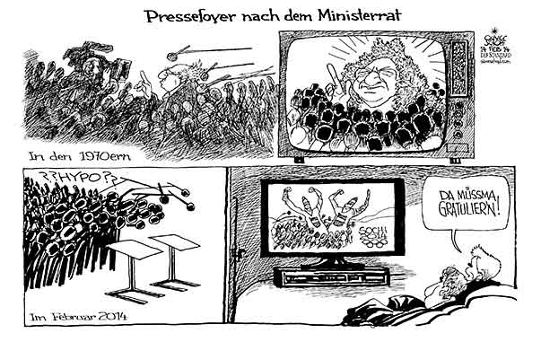 Oliver Schopf politische Karikatur: Österreich - Pressefoyer 2014 Oliver Schopf, politischer Karikaturist aus Österreich, politische Karikaturen aus Österreich, Karikatur Cartoon Illustrationen Politik Politiker Österreich 2014: PRESSEFOYER MINISTERRAT BUNDESKANZLERAMT BALLHAUSPLATZ BRUNO KREISKY SONNENKOENIG HYPO GROUP ALPE ADRIA FAYMANN SPINDELEGGER SOCHI 2014 TV