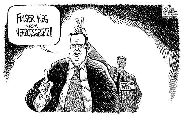 Oliver Schopf, politischer Karikaturist aus Österreich, politische Karikaturen aus Österreich, Karikatur, Illustrationen Politik Politiker Österreich 2010: oevp akademikerbund proell verbotsgesetz finger