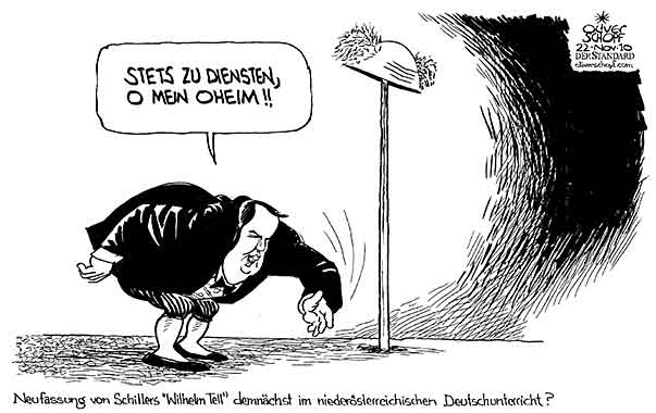 Oliver Schopf, politischer Karikaturist aus Österreich, politische Karikaturen aus Österreich, Karikatur, Illustrationen Politik Politiker Österreich 2010: erwin proell josef proell glatze diener gruessen wi8lhelm tell