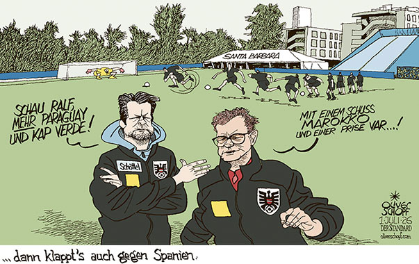 Oliver Schopf, politischer Karikaturist aus Österreich, politische Karikaturen aus Österreich, Karikatur Cartoon Illustrationen Politik Politiker Österreich Cartoon Movement, @oliverschopf.bsky.social 2026: FUSSBALL WM MEXIKO USA KANADA SECHZEHNTELFINALE SPIEL ÖSTERREICH GEGEN SPANIEN PETER SCHÖTTEL RALF RANGNICK TEAM CAMP SANTA BARBARA STRATEGIE PARAGUAY KAP VERDE MAROKKO VAR DEUTSCHLAND NIEDERLANDE AUS















































