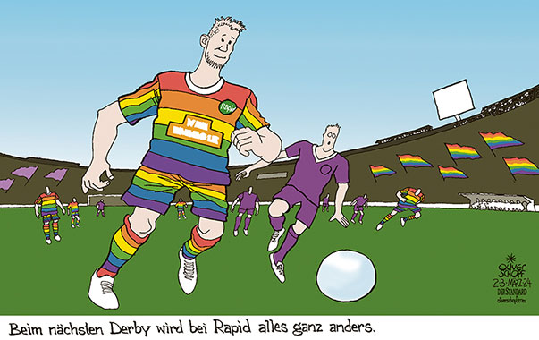 Oliver Schopf, politischer Karikaturist aus Österreich, politische Karikaturen aus Österreich, Karikatur Cartoon Illustrationen Politik Politiker Österreich 2024: FUSSBALL BUNDESLIGA RAPID WIEN AUSTRIA GRÜN WEISS VIOLETT DERBY HOMOPHOBIE SCHWUL SCHWULENFEINDLICH RASSISMUS 



















