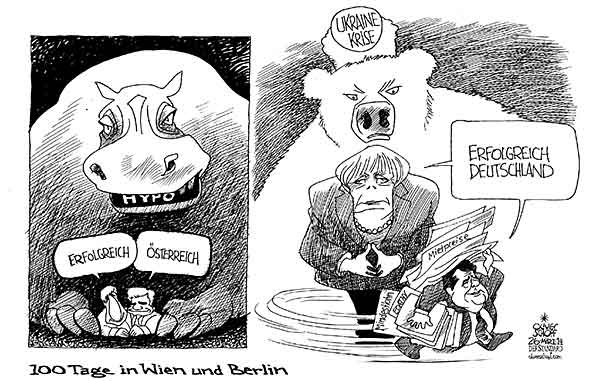 Oliver Schopf, politischer Karikaturist aus Österreich, politische Karikaturen aus Österreich, Karikatur Cartoon Illustrationen Politik Politiker Österreich 2014: REGIERUNG KOALITION FAYMANN SPINDELEGGER HYPO GROUP ALPE ADRIA FLUSSPFERD ERFOLGREICH OESTERREICH 