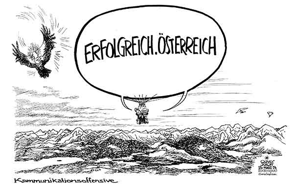 Oliver Schopf, politischer Karikaturist aus Österreich, politische Karikaturen aus Österreich, Karikatur Cartoon Illustrationen Politik Politiker Österreich 2014: REGIERUNG KOALITION FAYMANN SPINDELEGGER KOMMUNIKATION OFFENSIVE BALLON SPRECHBLASE ERFOLGREICH OESTERREICH PLEITEGEIER