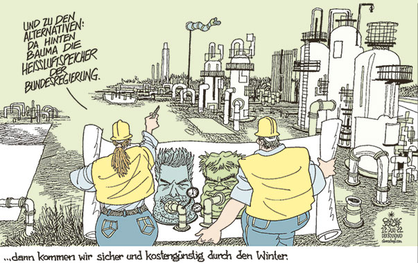 Oliver Schopf, politischer Karikaturist aus Österreich, politische Karikaturen aus Österreich, Karikatur Cartoon Illustrationen Politik Politiker Österreich 2022: ENERGIE GAS OMV GASSPEICHER GASLIEFERUNGEN REGIERUNG NEHAMMER KOGLER HEISSE LUFT WINTER ALTERNATIVEN 







