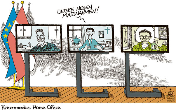  Oliver Schopf, politischer Karikaturist aus Österreich, politische Karikaturen, Illustrationen Archiv politische Karikatur Österreich 2020:  CORONAVIRUS COV-2 COVID-19 KRISE REGIERUNG KOALITION TÜRKIS GRÜN KURZ NEHAMMER ANSCHOBER HOME OFFICE SKYPE MASSNAHMEN PRESSEKONFERENZ 

