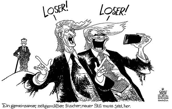 Oliver Schopf, politischer Karikaturist aus Österreich, politische Karikaturen aus Österreich, Karikatur, Illustrationen Politik Politiker Österreich  2015  BUNDESPRÄSIDENTENWAHL 2016 REGIERUNG KOALITION SPÖ ÖVP FAYMANN MITTERLEHNER NORBERT HOFER NEUSTART NEUER STIL FRISUR TRUMP LOSER


