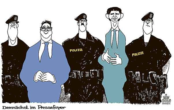 Oliver Schopf, politischer Karikaturist aus Österreich, politische Karikaturen aus Österreich, Karikatur, Illustrationen Politik Politiker Österreich Regierung Kurz Strache 2018  REGIERUNG POLIZEI SEBASTIAN KURZ HC STRACHE PRESSEFOYER MINISTERRAT SICHERHEIT BEWACHUNG
