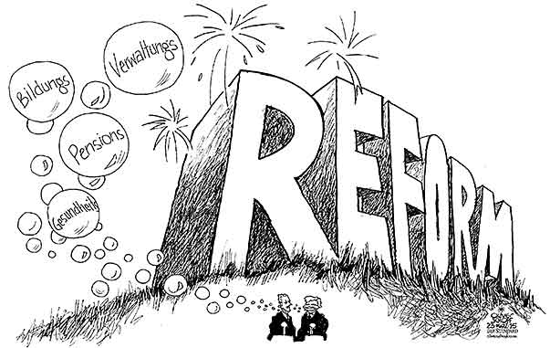Oliver Schopf, politischer Karikaturist aus Österreich, politische Karikaturen aus Österreich, Karikatur Cartoon Illustrationen Politik Politiker Österreich 2015 REGIERUNG KOALITION FAYMANN MITTERLEHNER REGIERUNGSKLAUSUR REFORM BILDUNGSREFORM VERWALTUNGSREFORM BILDUNGSREFORM ANKUENDIGUNG   

