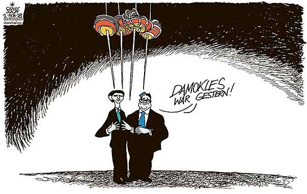 Oliver Schopf, politischer Karikaturist aus Österreich, politische Karikaturen aus Österreich, Karikatur, Illustrationen Politik Politiker Österreich Regierung Kurz Strache 2018  REGIERUNG ÖVP FPÖ KURZ STRACHE DAMOKLES SCHWERT HÄNGEN BURSCHENSCHAFT SCHLÄGER

