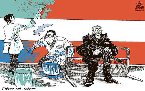Oliver Schopf, politischer Karikaturist aus Österreich, politische Karikaturen aus Österreich, Karikatur Cartoon Illustrationen Politik Politiker Österreich 2017 : REGIERUNG KOALITION ÖVP FPÖ KURZ STRACHE KICKL UMFÄRBEN TÜRKIS BLAU POLIZEI SICHERHEIT ROT-WEISS-ROT
