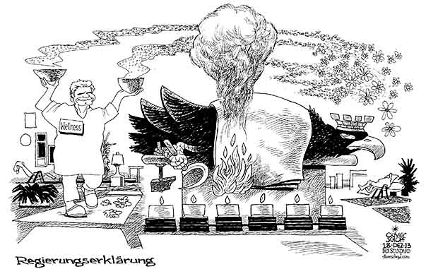 Oliver Schopf politische Karikatur: Österreich Regierung Faymann Spindelegger 2013 - Regierungserklärung Oliver Schopf, politischer Karikaturist aus Österreich, politische Karikaturen aus Österreich, Karikatur Cartoon Illustrationen Politik Politiker Österreich 2013: REGIERUNG KOALITION SPOE OEVP FAYMANN REGIERUNGSERKLAERUNG WELLNESS BUNDESADLER KERZEN FLAMME BRENNEN FEUER DUFT