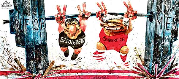 Oliver Schopf politische Karikatur: Österreich Koalition 2013 - Regierungsprogramm Oliver Schopf, politischer Karikaturist aus Österreich, politische Karikaturen aus Österreich, Karikatur Cartoon Illustrationen Politik Politiker Österreich 2013: KOALITION REGIERUNGSPROGRAMM 2013 ERFOLGREICH OESTERREICH SPOE OEVP FAYMANN SPINDELEGGER GEWICHTHEBEN REFORM
