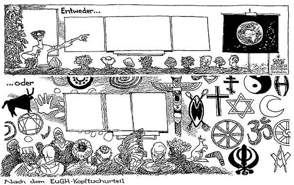 Oliver Schopf politische Karikatur: Österreich 2017 - Nach dem EuGH-Kopftuchurteil Oliver Schopf, politischer Karikaturist aus Österreich, politische Karikaturen, Illustrationen Archiv politische Karikatur Österreich Regierung Religion und Ethik 2017 EUGH URTEIL KOPFTUCH RELIGIÖSE SYMBOLE KLASSENZIMMER RELIGIONSFREIHEIT ETHIKUNTERRICHT