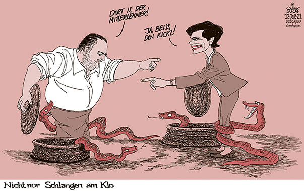 Oliver Schopf, politischer Karikaturist aus Österreich, politische Karikaturen aus Österreich, Karikatur Cartoon Illustrationen Politik Politiker Österreich 2021: SPÖ RENDI-WAGNER DOSKOZIL STREIT VORWÜRFE SCHULDZUWEISUNGEN MACHTKAMPF MITTERLEHNER KICKL SCHLANGEN KLO BEISSEN BISS 
