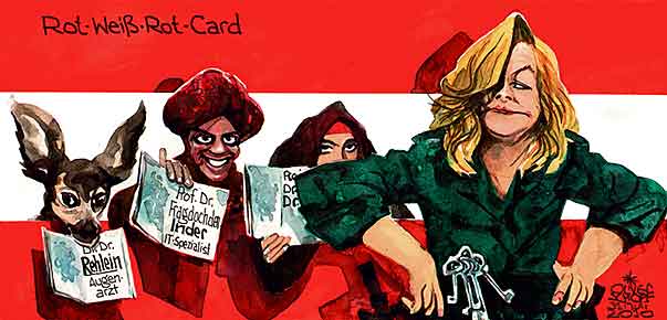 Oliver Schopf, politischer Karikaturist aus Österreich, politische Karikaturen aus Österreich, Karikatur, Illustrationen Politik Politiker Österreich 2010: zuwanderung rot-weiss-rot-card fekter polizei frag doch den inder
