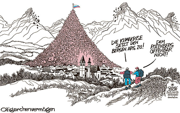 Oliver Schopf, politischer Karikaturist aus Österreich, politische Karikaturen aus Österreich, Karikatur Cartoon Illustrationen Politik Politiker Österreich 2023: OLIGARCHEN RUSSLAND ARKADI ROTENBERG SANKTIONEN HAUS KITZBÜHEL PUTIN TOCHTER GELD KLIMAKRISE KATASTROPHE FELSSTURZ BERGSTURZ PERMAFROST ERWÄRMUNG 

