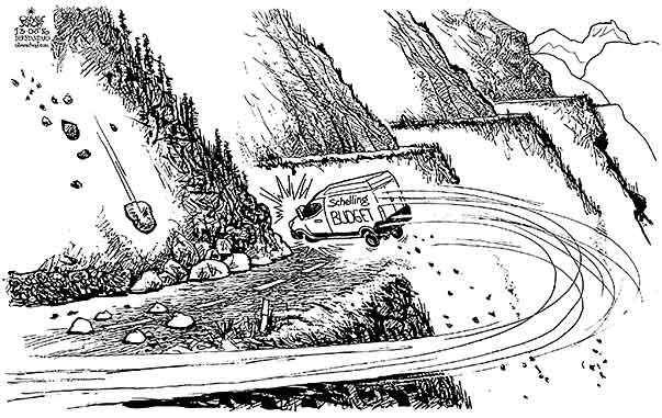  Oliver Schopf, politischer Karikaturist aus Österreich, politische Karikaturen, Illustrationen Archiv politische Karikatur Österreich Wirtschaft  und Finanzen 2016  FINANZMINISTER HANS JÖRG SCHELLING BUDGETREDE LIEFERWAGEN PICK UP STRASSE KURVEN ABGRUND
