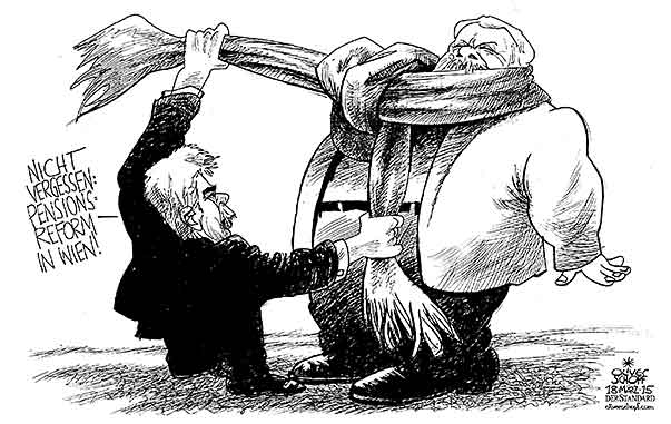  Oliver Schopf, politischer Karikaturist aus Österreich, politische Karikaturen, Illustrationen Archiv politische Karikatur Österreich: Landeshauptleute Wien  2015 HANS JOERG SCHELLING MICHAEL HAEUPL PENSIONEN STREIT SCHAL KNOTEN VERGESSEN 

