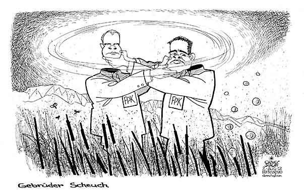Oliver Schopf, politischer Karikaturist aus Österreich, politische Karikaturen aus Österreich, Karikatur, Illustrationen Politik Politiker Österreich 2012 KAERNTEN SCHEUCH UWE SCHEUCH KURT RUECKTRITT FPK KORRUPTION SUMPF ROCHADE KOEPFE TAUSCH