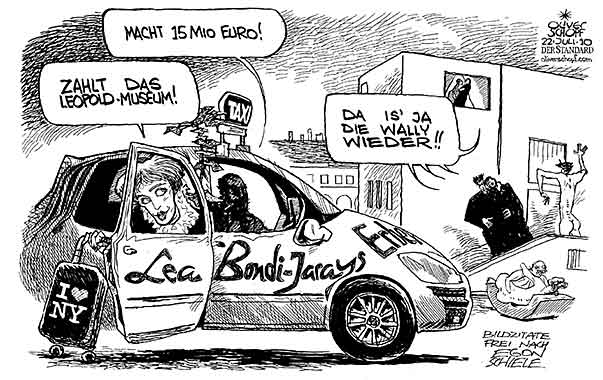 Oliver Schopf, politischer Karikaturist aus Österreich, politische Karikaturen aus Österreich, Karikatur, Illustrationen Politik Politiker Österreich 2010: schiele bildnis wally leopold museum rueckgabe taxi