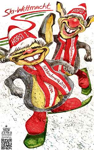  Oliver Schopf, politischer Karikaturist aus Österreich, politische Karikaturen, Illustrationen Archiv politische Karikatur Österreich Sport 2013 SCHLADMING 2013 LOGO SKI WM MASKOTTCHEN HOPSI SKIHASE FAYMANN SPINDELEGGER


