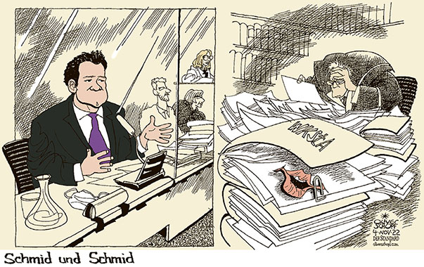 Oliver Schopf, politischer Karikaturist aus Österreich, politische Karikaturen aus Österreich, Karikatur Cartoon Illustrationen Politik Politiker Österreich 2022: ÖVP UNTERSUCHUNGSAUSSCHUSS U-AUSSCHUSS THOMAS SCHMID BEFRAGUNG ENTSCHLAGUNG SCHWEIGEN GESICHT WKStA AKTEN AUSSAGE MUND SPRECHEN 

