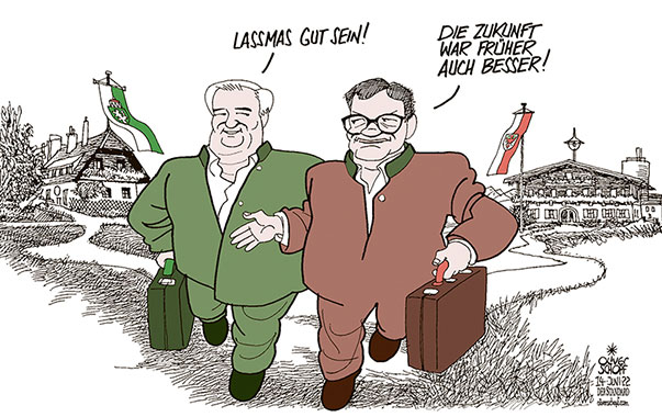 Oliver Schopf, politischer Karikaturist aus Österreich, politische Karikaturen aus Österreich, Karikatur Cartoon Illustrationen Politik Politiker Österreich 2022: HERMANN SCHÜTZENHÖFER GÜNTHER PLATTER LANDESHAUPTMANN STEIERMARK TIROL RÜCKZUG RÜCKTRITT ABGANG GUT HOF BAUER ZUKUNFT



