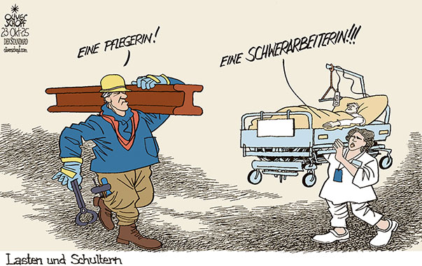 Oliver Schopf, politischer Karikaturist aus Österreich, politische Karikaturen aus Österreich, Karikatur Cartoon Illustrationen Politik Politiker Österreich Cartoon Movement, @oliverschopf.bsky.social 2025: SCHWERARBEIT SCHWERARBEITER BAU PFLEGE PFLEGERIN SPITALSBETT PENSIONIERUNG 


































