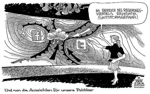 Oliver Schopf, politischer Karikaturist aus Österreich, politische Karikaturen aus Österreich, Karikatur Cartoon Illustrationen Politik Politiker Österreich 2014: SOCIAL MEDIA FACEBOOK TWITTER SHITSTORM BUNDESHYMNE TOECHTER WETTERBERICHT STROEMUNGSFILM STURM WARNUNG VORSCHAU

