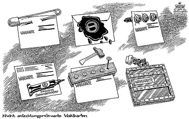  Oliver Schopf, politischer Karikaturist aus Österreich, politische Karikaturen, Illustrationen Archiv politische Karikatur Österreich Bundespräsident   2016 BUNDESPRÄSIDENTENWAHL 2016 WAHLKARTEN KLEBESTREIFEN SCHADHAFT SICHERHEIT ANFECHTUNG ANFECHTUNGSRELEVANT  
