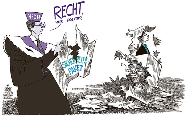 Oliver Schopf, politischer Karikaturist aus Österreich, politische Karikaturen aus Österreich, Karikatur Cartoon Illustrationen Politik Politiker Österreich 2019 : SICHERHEITSPAKET ÜBERWACHUNG VERFASSUNGSGERICHTSHOF VfGH RICHTER ENTSCHEID REGIERUNG ÖVP FPÖ KURZ KICKL POLITIK VOR RECHT
