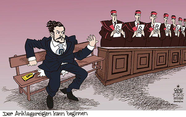 Oliver Schopf, politischer Karikaturist aus Österreich, politische Karikaturen aus Österreich, Karikatur Cartoon Illustrationen Politik Politiker Österreich Cartoon Movement, @oliverschopf.bsky.social 2025: SIGNA RENÉ BENKO ANKLAGE ANKLAGEBANK GERICHTSVERFAHREN STAATSANWÄLTE START INNSBRUCK LANDESGERICHT 

































