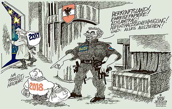 Oliver Schopf, politischer Karikaturist aus Österreich, politische Karikaturen aus Österreich, Karikatur Cartoon Illustrationen Politik Politiker Österreich 2017 : SILVESTER JAHRESWECHSEL SICHERHEITSSCHLEUSE INNENMINSTER HERBERT KICKL POLIZEI SCANNER FLÜCHTLING ASYL HERKUNFTSLAND 
