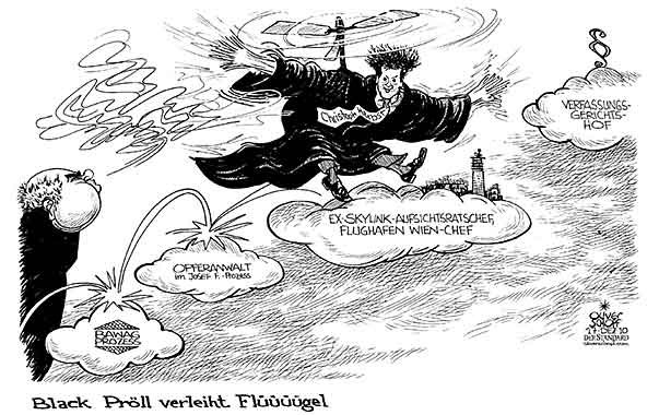 Oliver Schopf, politischer Karikaturist aus Österreich, politische Karikaturen aus Österreich, Karikatur, Illustrationen Politik Politiker Österreich 2010: wien skylink flughafen christoph herbst rechtsanwalt proell wolke fliegen