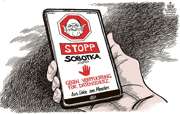 Oliver Schopf, politischer Karikaturist aus Österreich, politische Karikaturen aus Österreich, Karikatur Cartoon Illustrationen Politik Politiker Österreich 2020 : CORONAVIRUS KRISE SARS-COV-2 COVID-19 STOPP CORONA APP HANDY TRACKING ROTES KREUZ WOLFGANG SOBOTKA NATIONALRATSPRÄSIDENT ZWANG VERPFLICHTUNG DATENSCHUTZ 
