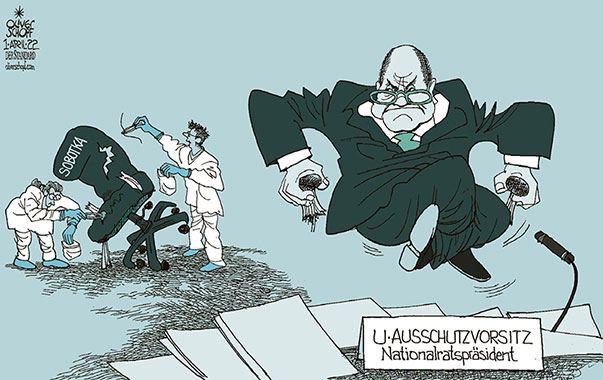 Oliver Schopf, politischer Karikaturist aus Österreich, politische Karikaturen aus Österreich, Karikatur Cartoon Illustrationen Politik Politiker Österreich 2022: WOLFGANG SOBOTKA NATIONALRATSPRÄSIDENT UNTERSUCHUNGSAUSSCHUSS ERMITTLUNGEN WKStA AMTSMISSBRAUCH KEIN RÜCKTRITT SESSELKLEBER VORSITZ KORRUPTION POSTENSCHACHER




