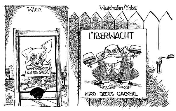 Oliver Schopf, politischer Karikaturist aus Österreich, politische Karikaturen aus Österreich, Karikatur Cartoon Illustrationen Politik Politiker Österreich 2017 : SOBOTKA INNENMINISTER VIEDEOKAMERA WAIDHOFEN GACKERL SACKERL HUND ÜBERWACHUNG FAECES 







