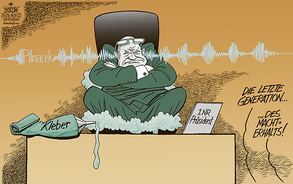 Oliver Schopf, politischer Karikaturist aus Österreich, politische Karikaturen aus Österreich, Karikatur Cartoon Illustrationen Politik Politiker Österreich 2023: ÖVP WOLFGANG SOBOTKA NATIONALRATSPRÄSIDENT PARLAMENT CHRISTIAN PILNACEK AUDIO MITSCHNITT SPRACHMEMO TAPE TONBAND KLIMA KLEBER LETZTE GENERATION MACHT MACHTERHALT SESSELKLEBER BEIM EINEN OHR HINEIN BEIM ANDEREN HINAUS
 