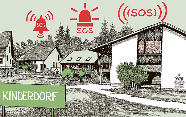 In österreichischen SOS-Kinderdörfern wurde nach Recherchen der Wochenzeitschrift Falter Missbrauch an Kindern festgestellt. Die Staatsanwaltschaft ermittelt.
 Oliver Schopf, politischer Karikaturist aus Österreich, politische Karikaturen aus Österreich, Karikatur Cartoon Illustrationen Politik Politiker Österreich Cartoon Movement, @oliverschopf.bsky.social 2025: SOS KINDERDORF MOOSBURG KÄRNTEN MISSBRAUCH VERTUSCHUNG ERMITTLUNGEN STAATSANWALTSCHAFT