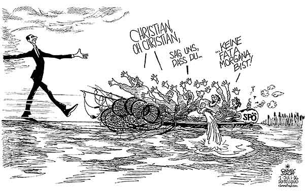  Oliver Schopf, politischer Karikaturist aus Österreich, politische Karikaturen, Illustrationen Archiv politische Karikatur Österreich 2016 SPÖ CHRISTIAN KERN BUNDESKANZLER PARTEIVORSITZENDER ERNEUERUNG ÜBERS WASSER GEHEN FATA MORGANA HOFFNUNG FISCHER BOOT SEE GENEZARETH





