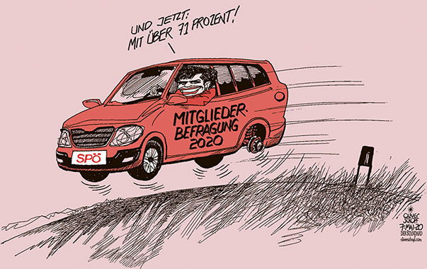 Oliver Schopf, politischer Karikaturist aus Österreich, politische Karikaturen aus Österreich, Karikatur Cartoon Illustrationen Politik Politiker Österreich 2020 : SPÖ PAMELA RENDI WAGNER MITGLIEDERBEFRAGUNG 71 PROZENT ZUSTIMMUNG AUTO RAD STEUER LENKRAD KURS
