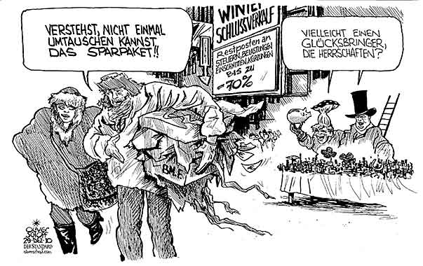Oliver Schopf, politischer Karikaturist aus Österreich, politische Karikaturen aus Österreich, Karikatur, Illustrationen Politik Politiker Österreich 2010: budget sparpaket weihnachtsgeschaeft umtausch winterschlussverkauf gluecksbringer faymann proell
