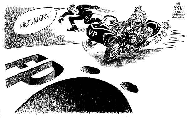 Oliver Schopf, politischer Karikaturist aus Österreich, politische Karikaturen aus Österreich, Karikatur, Illustrationen Politik Politiker Österreich 2014 MICHAEL SPINDELEGGER RUECKTRITT OEVP OBMANN KOALITION FAYMANN MOTORRAD BEIWAGEN ABSPRINGEN FPOE LOCH


