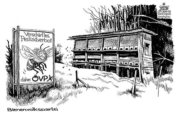 Oliver Schopf, politischer Karikaturist aus Österreich, politische Karikaturen aus Österreich, Karikatur, Illustrationen Politik Politiker Österreich  2013 OEVP SPINDELEGGER BIENEN BIENENVOLK WAHLKAMPF DREIECKSSTAENDER PLAKAT PESTIZIDE VERBOT 





