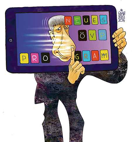 Oliver Schopf, politischer Karikaturist aus Österreich, politische Karikaturen aus Österreich, Karikatur Cartoon Illustrationen Politik Politiker Österreich 2014: OEVP SPINDELEGGER MICHAEL NASE PARTEIPROGRAMM DIGITAL IPAD TOUCH SCREEN WISCHEN APP 


