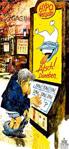 Oliver Schopf politische Karikatur: Österreich - Spindelegger und die Hypo-Alpe-Adria Oliver Schopf, politischer Karikaturist aus Österreich, politische Karikaturen aus Österreich, Karikatur Cartoon Illustrationen Politik Politiker Österreich 2014: HYPO GROUP ALPE ADRIA BANK SPINDELEGGER FINANZMINISTER VERLUSTE CASINO SPIELAUTOMAT JOERG HAIDER JOKER HOSEN RUNTER