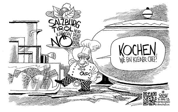 Oliver Schopf, politischer Karikaturist aus Österreich, politische Karikaturen aus Österreich, Karikatur, Illustrationen Politik Politiker Österreich  2013 OEVP SPNDELEGGER MICHAEL KOCH CHEF MENUE LANDTAGSWAHLEN NIEDEROESTERREICH TIROL SALZBURG KAERNTEN 


